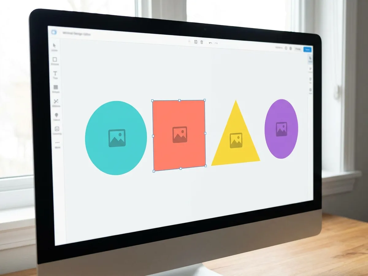 Close-up of a light design editor on a monitor showing a row of colorful carousel slide panels with image placeholders on a white canvas, one panel selected by a blue outline