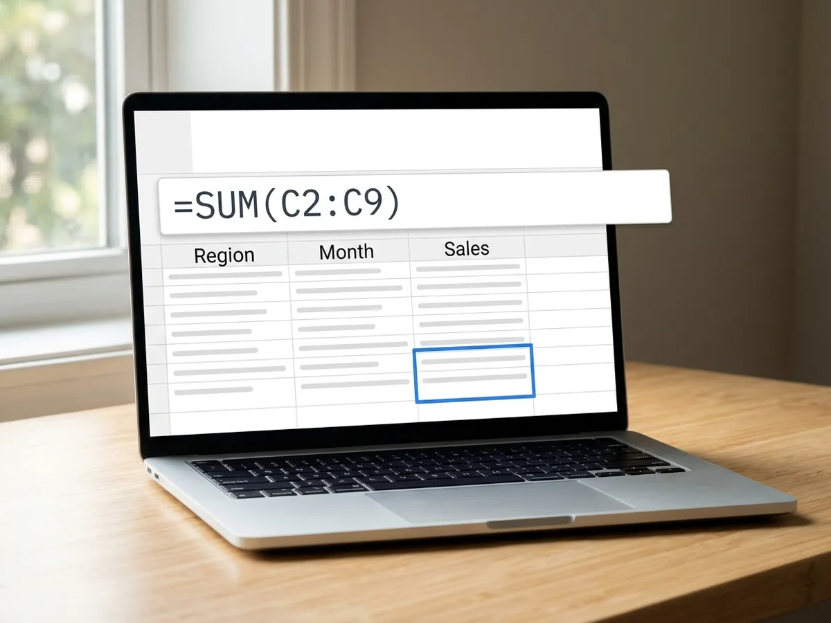 A laptop on a desk showing a spreadsheet with Region, Month and Sales columns, a highlighted total cell and a formula bar reading =SUM(C2:C9)