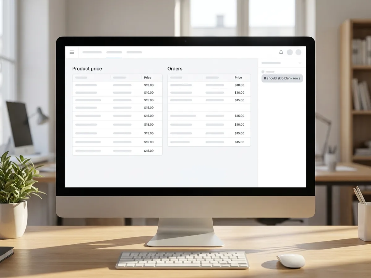 A monitor showing a product price table beside an orders table with a filled Price column, and a chat panel with the message 'It should skip blank rows'