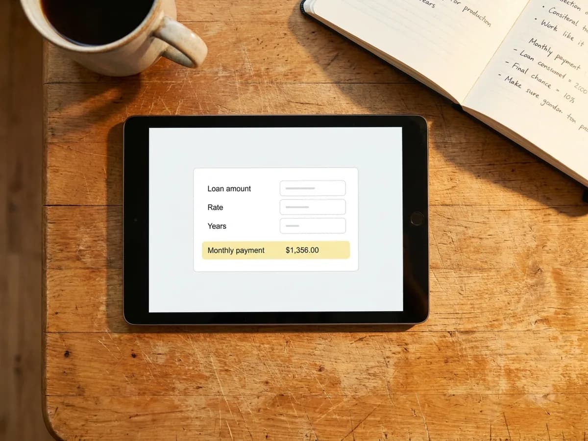 A tablet on a wooden table showing a loan calculator sheet with loan amount, rate and years inputs and a highlighted monthly payment cell