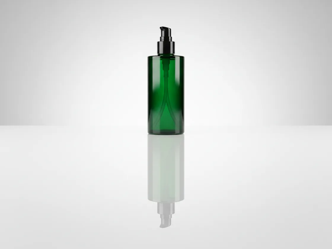 A cosmetic bottle standing above its own mirrored reflection on a polished surface.