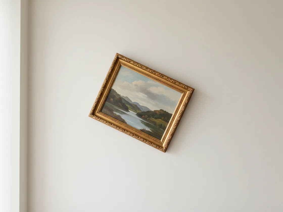 A framed picture hanging visibly crooked against a plain level wall.
