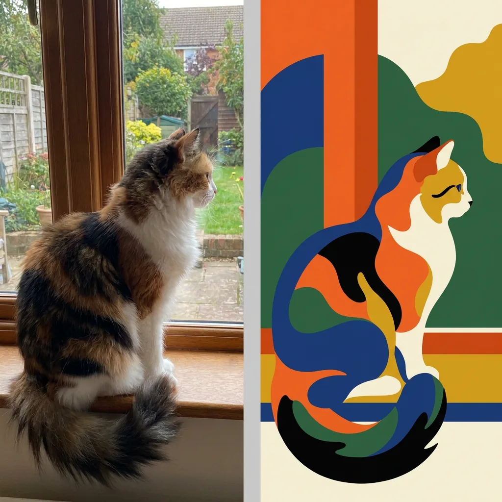 A cat sitting on a windowsill split down the middle, the left half the original JPG photo and the right half the same scene as flat vector poster art with six bold colors and smooth shapes