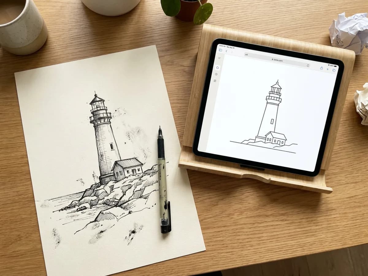 A hand-drawn ink sketch of a lighthouse on paper photographed on a desk, next to a tablet showing the same lighthouse as clean black vector line art