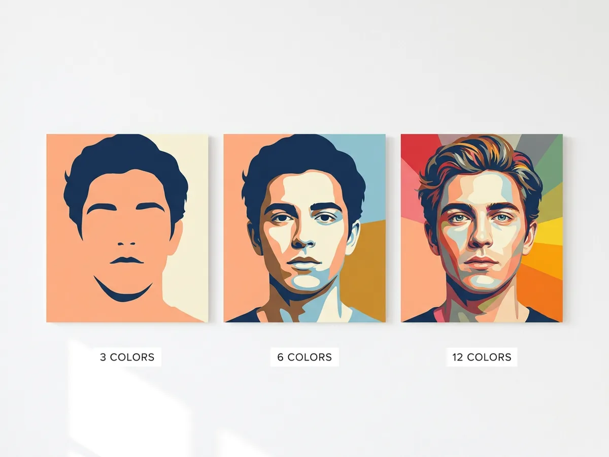The same portrait photo converted to flat vector art with 3, 6 and 12 colors, shown side by side on white with detail increasing from left to right