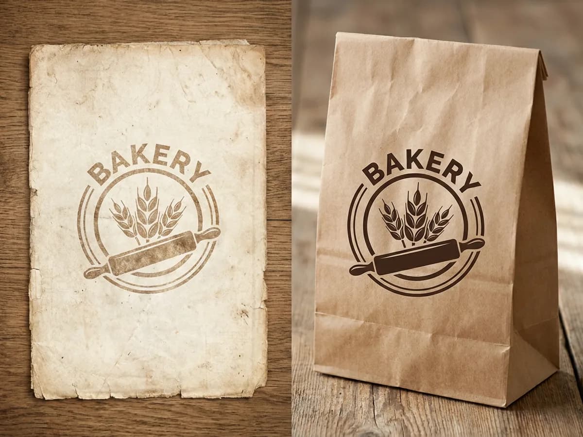 A faded, textured scanned paper logo for a bakery next to its clean, crisp vector version printed on a paper bag