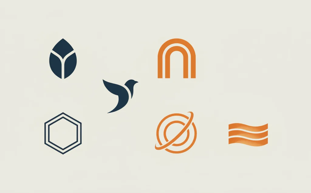 Six logo marks from the AI logo generator, in a grid — a geometric leaf, a layered arch, an abstract bird, an orbit mark, a monoline hexagon, and a layered wave