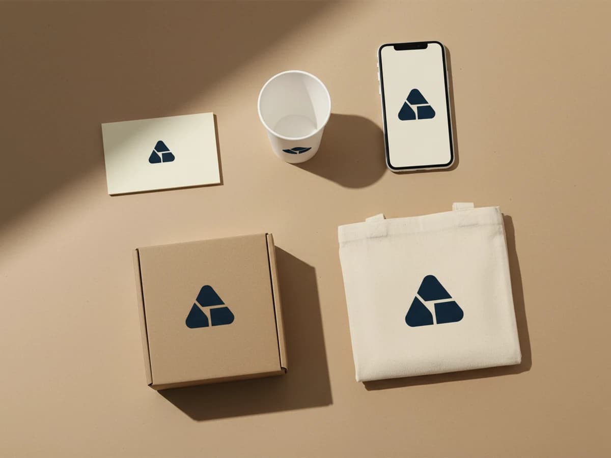A brand identity flat lay — business card, paper cup, phone showing the app icon, kraft packaging box, and canvas tote, each carrying the same navy logo mark