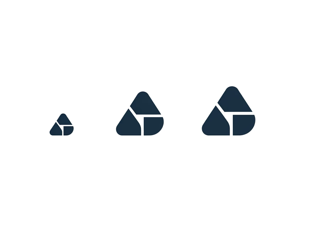 The same navy logo mark shown at three sizes, each with equally crisp edges, demonstrating vector scalability