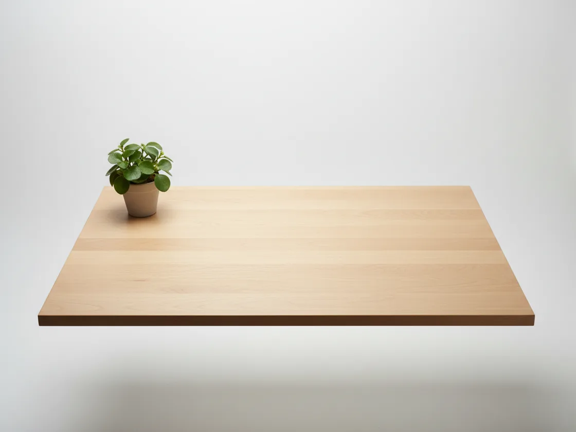 A tidy minimalist wooden desk, bare and clear of objects apart from one small plant.