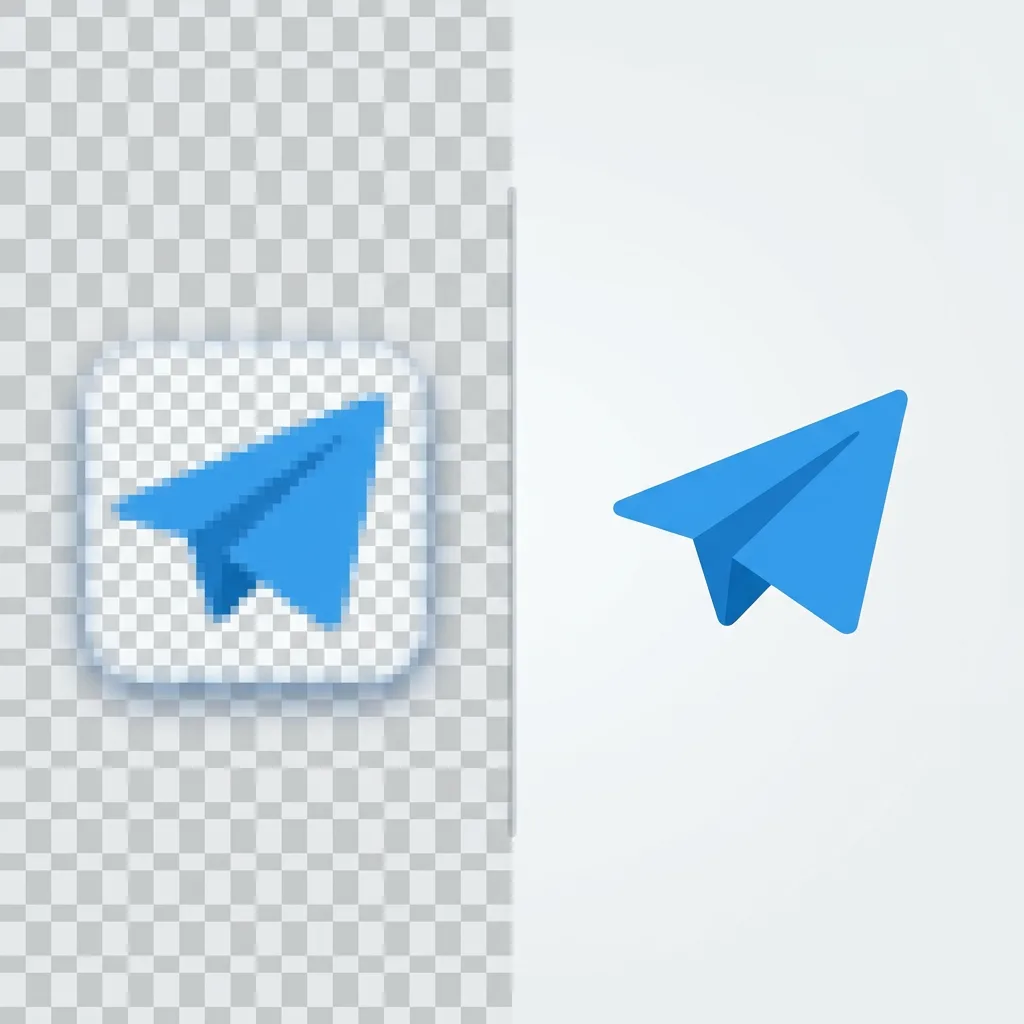 A blue paper plane app icon shown twice, on the left as a transparent PNG on a checkerboard with soft blurry pixel edges and on the right as a crisp flat vector with smooth edges, separated by a thin divider