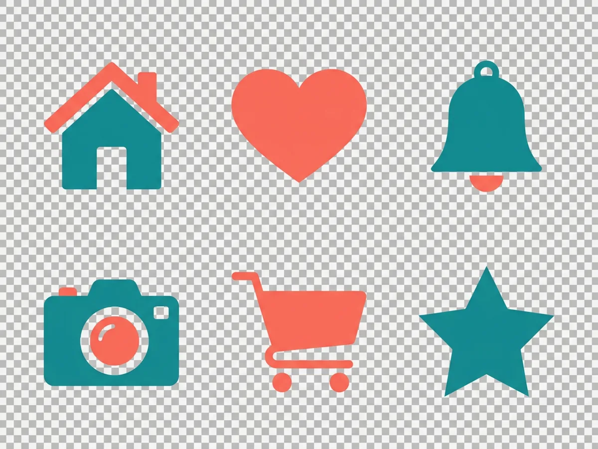 Six flat vector icons, a home, heart, bell, camera, cart and star, in a teal and coral palette arranged in a grid on a transparency checkerboard