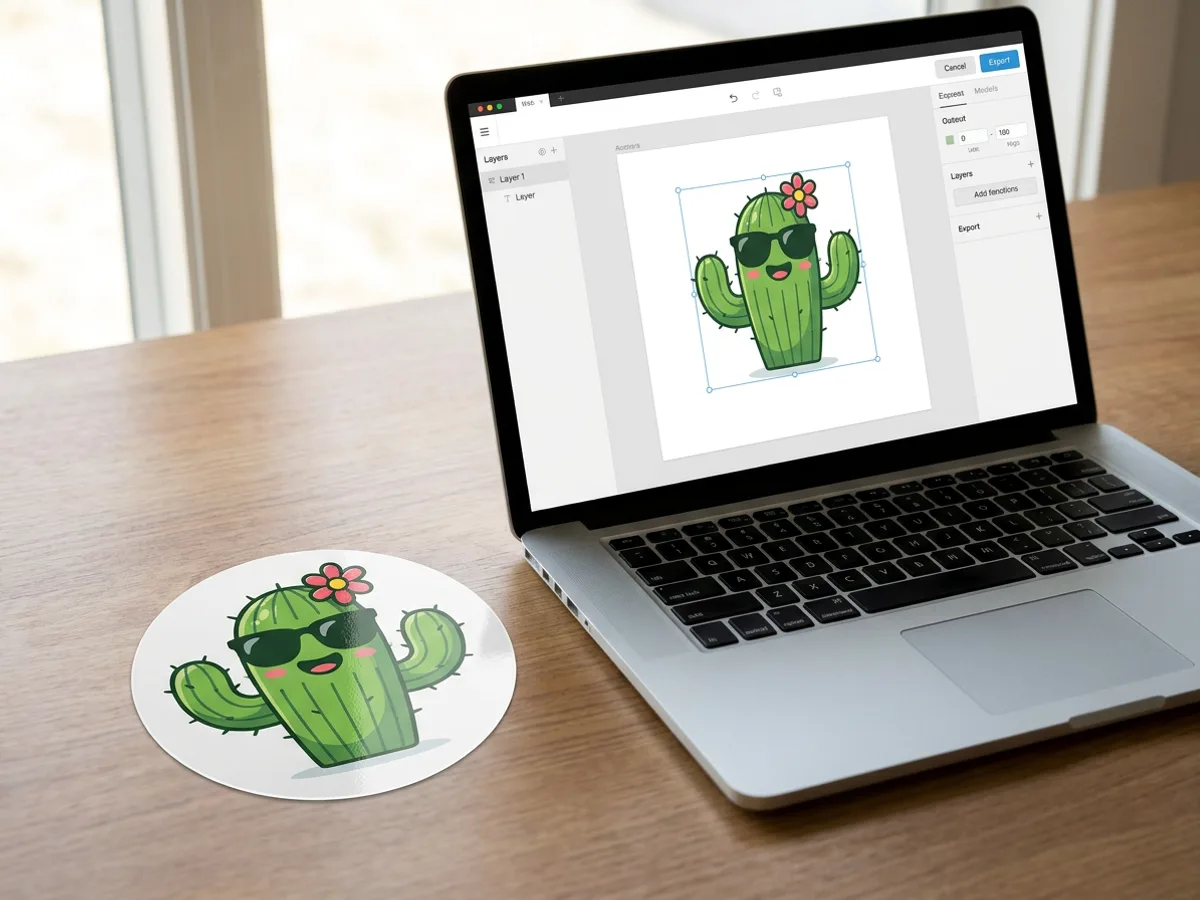 A round glossy vinyl sticker of a cartoon cactus character sitting next to a laptop that shows the same cactus as an SVG in a design editor
