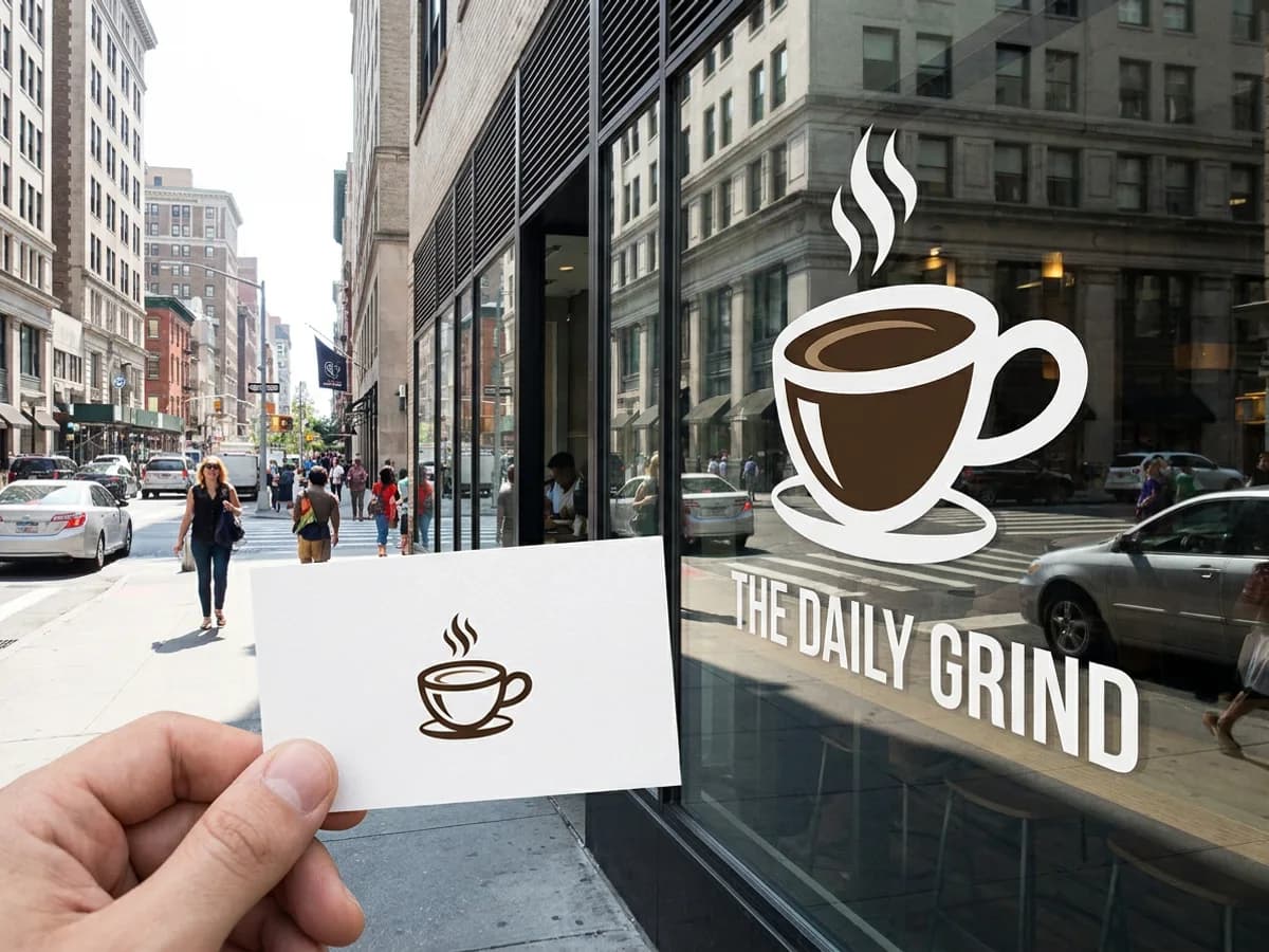 A vector coffee cup logo shown huge on a storefront window and tiny on a business card in the same street scene, both perfectly crisp