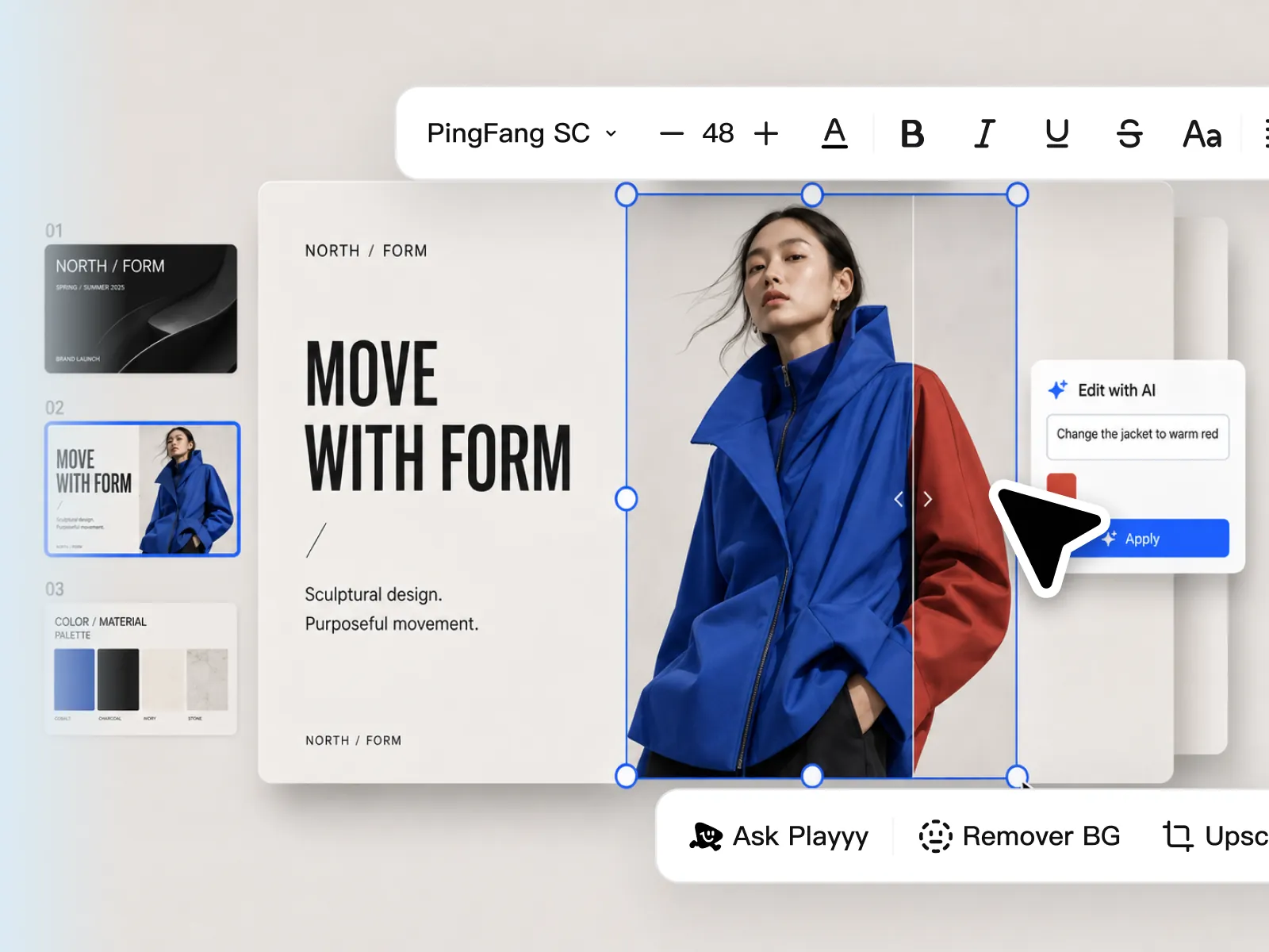Editing a generated slide in Playyy: the product photo is selected and a prompt changes the jacket from blue to warm red.