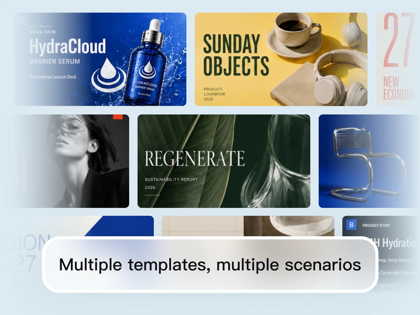 Generated presentation slides across product-launch, lookbook, and sustainability styles from the AI presentation generator.