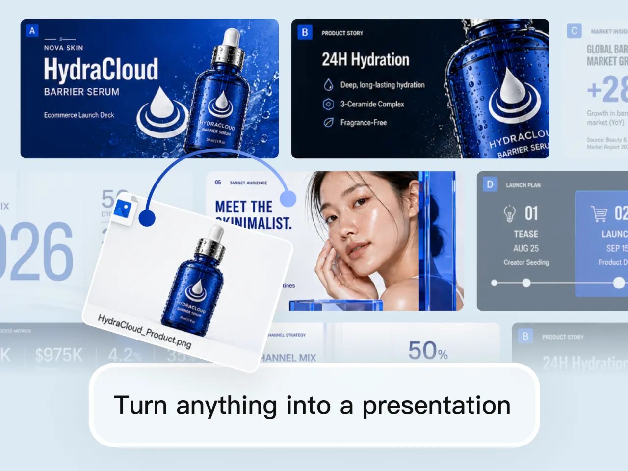 AI presentation maker turning a product photo into a full PPT — title, product story, audience, and launch plan slides.
