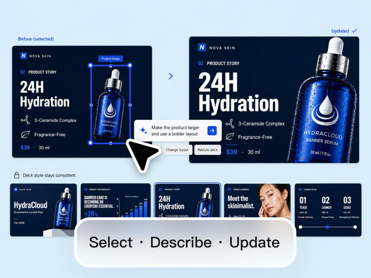 Editable AI presentation: select a product on a slide, describe the change, and the layout updates while the rest of the slides stay consistent.