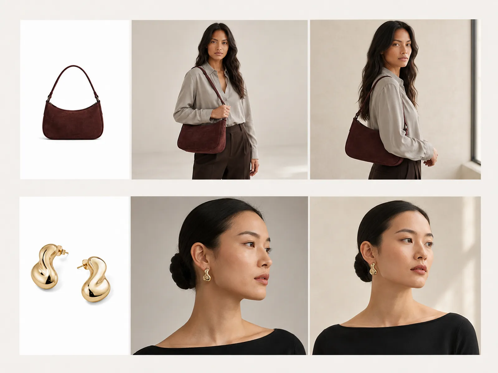 AI product staging showing a suede handbag and gold earrings worn on a model from multiple angles