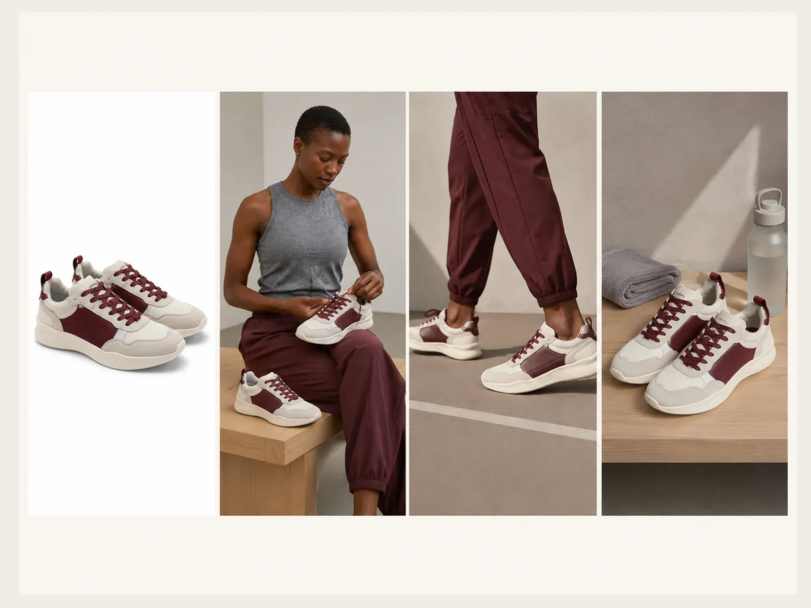 Product staging turning a sneaker packshot into lifestyle photos of sitting, walking, and a gym still life