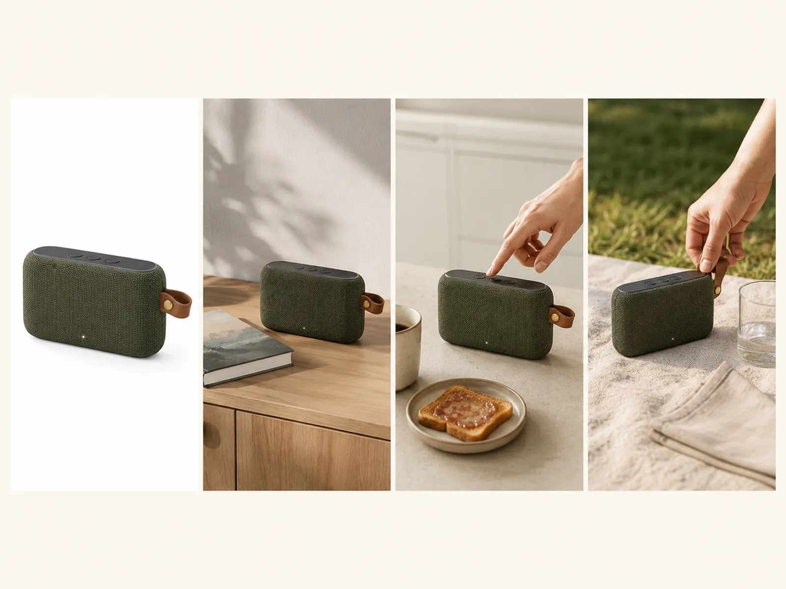 AI product staging placing an olive portable speaker into home, kitchen, and outdoor picnic scenes