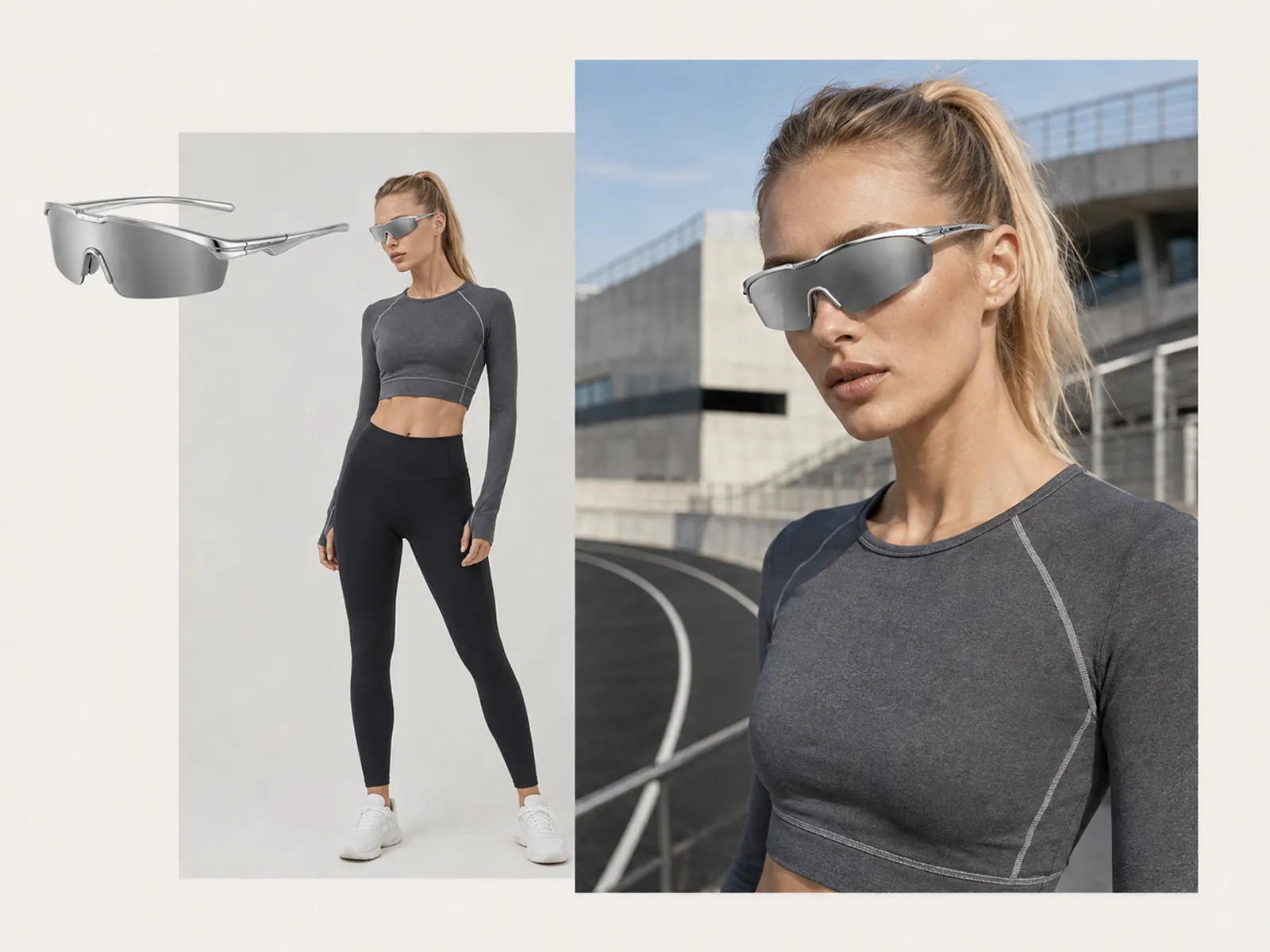AI virtual model wearing athletic sunglasses in a studio shot and a running-track lifestyle scene