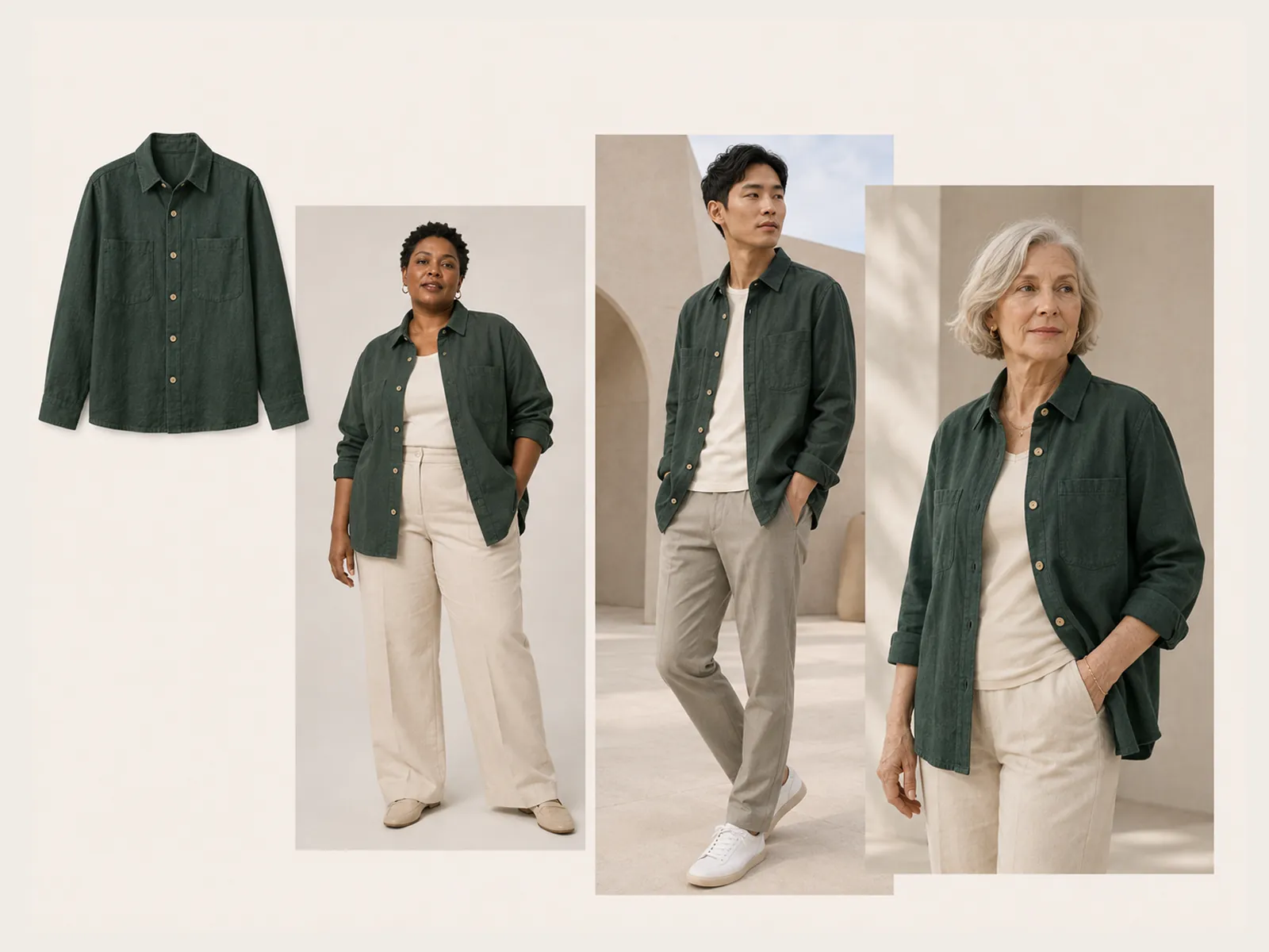 One button-down shirt worn by diverse AI fashion models in studio and lifestyle settings