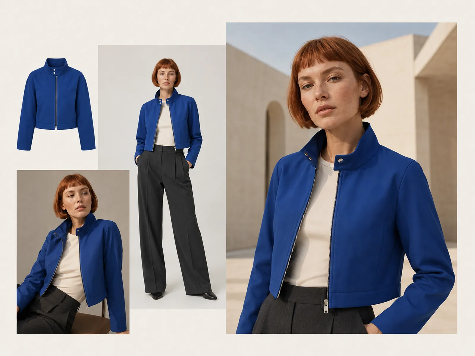 AI virtual model wearing a blue jacket in studio full-length, seated, and lifestyle close-up shots
