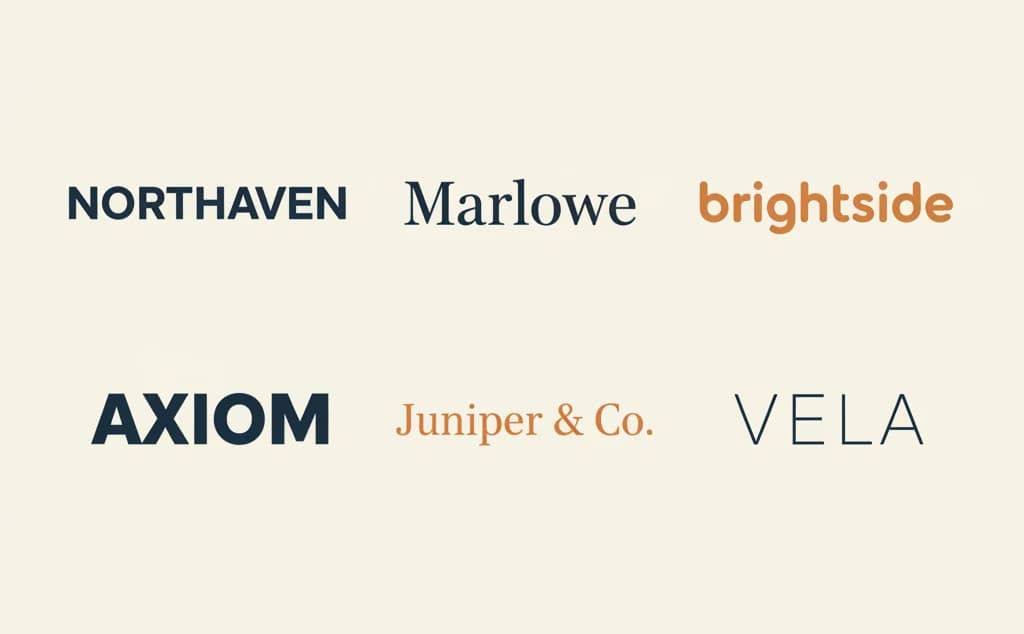 Six wordmark logos on a warm off-white background — the names Northaven, Marlowe, brightside, Axiom, Juniper & Co., and Vela, each set in a different typographic style