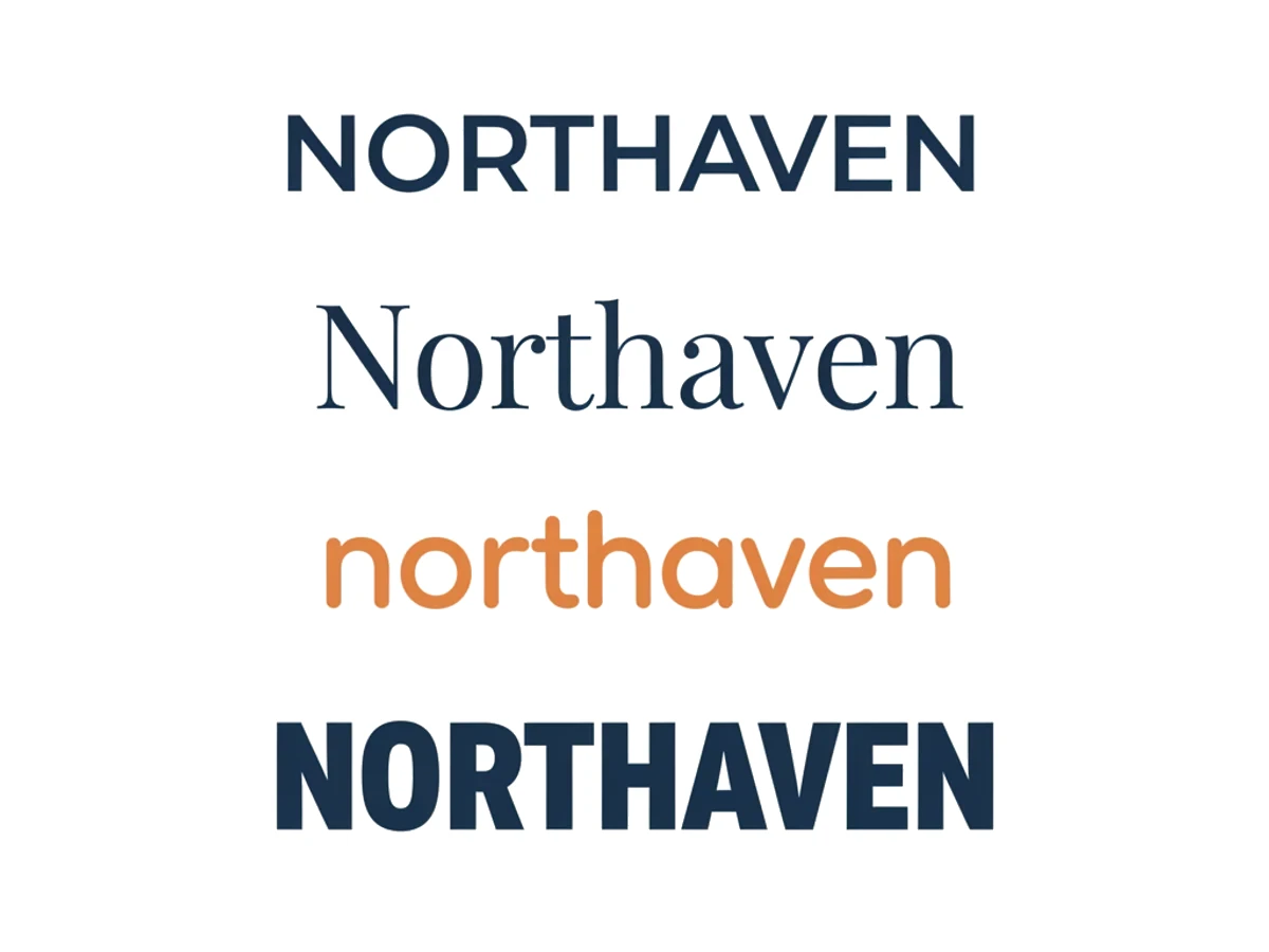 The brand name Northaven set four times as four typography logo styles — wide geometric caps, an elegant serif, rounded orange lowercase, and heavy condensed caps