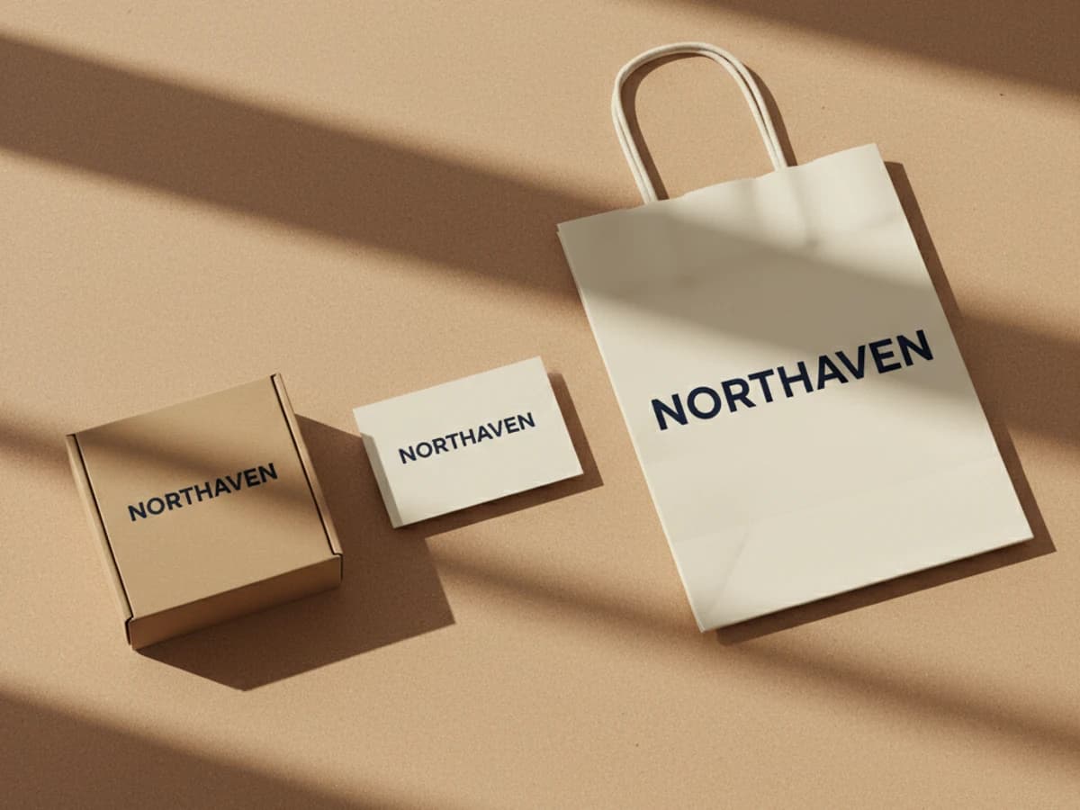 The Northaven wordmark printed in navy on a cream paper shopping bag, a business card, and a kraft box, photographed in natural light