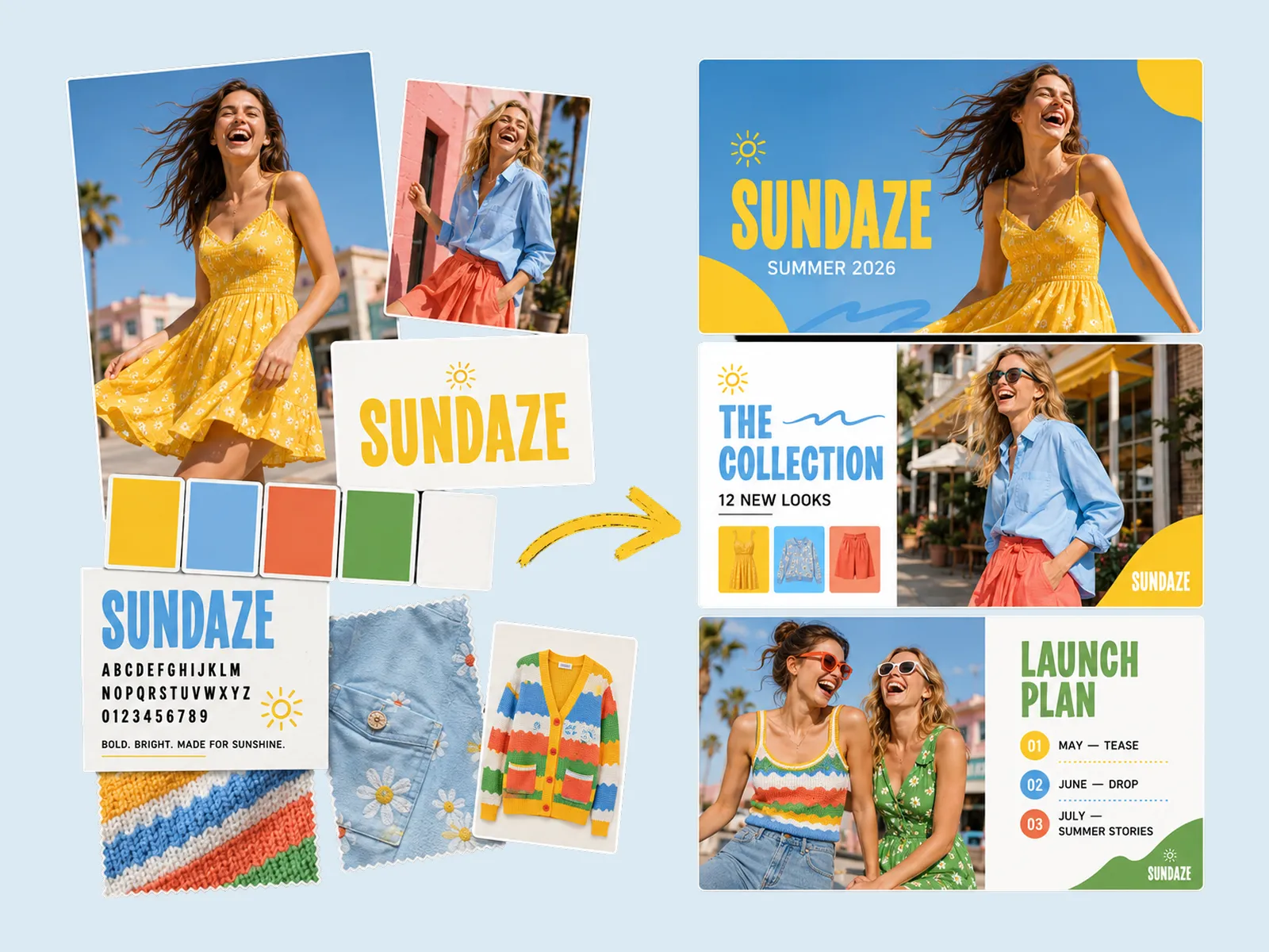 Brand kit, photos, and colour swatches transformed into a consistent AI presentation across title, collection, and launch-plan slides.