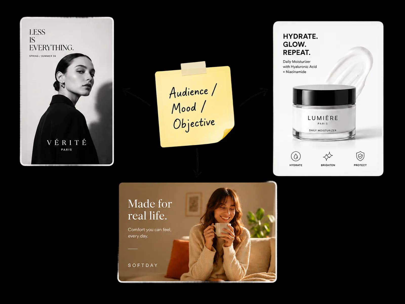 Campaign visual assets laid out across multiple formats — social, banner, and display — generated from a single brief.