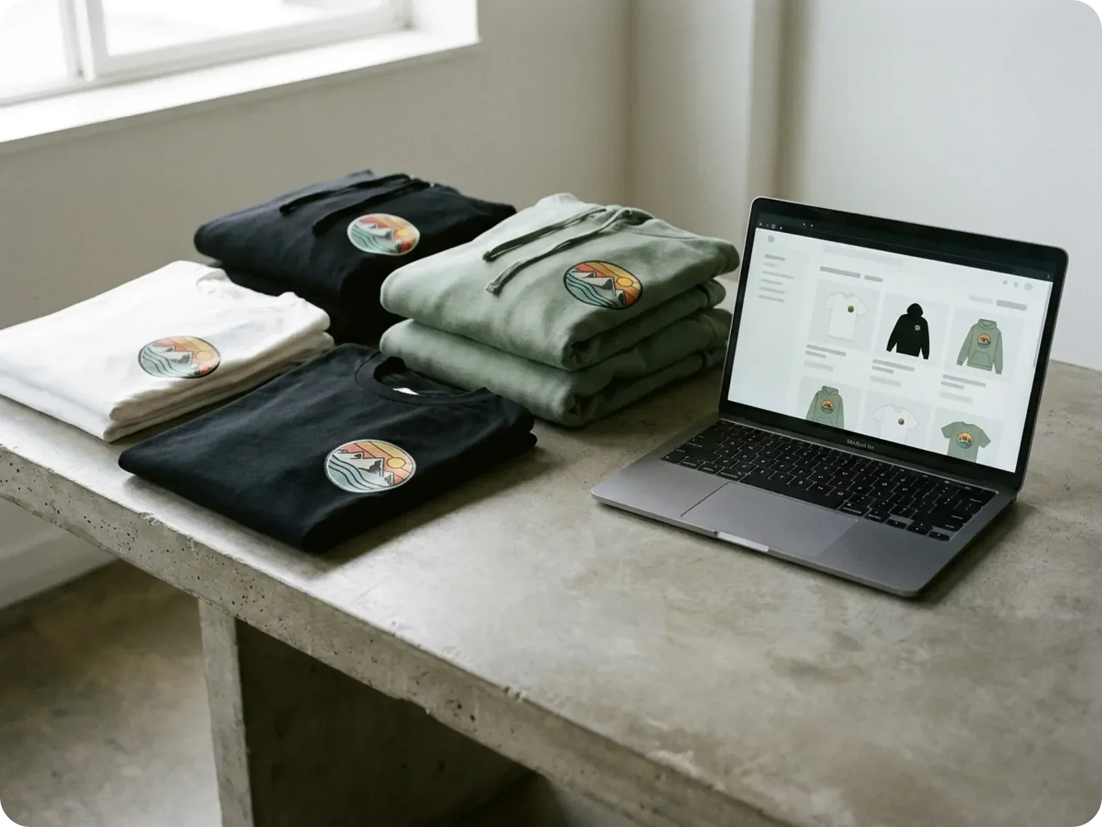 A small clothing brand's merch drop laid out on a studio table: printed t-shirts and hoodies in three colorways beside a laptop showing the matching mockups.