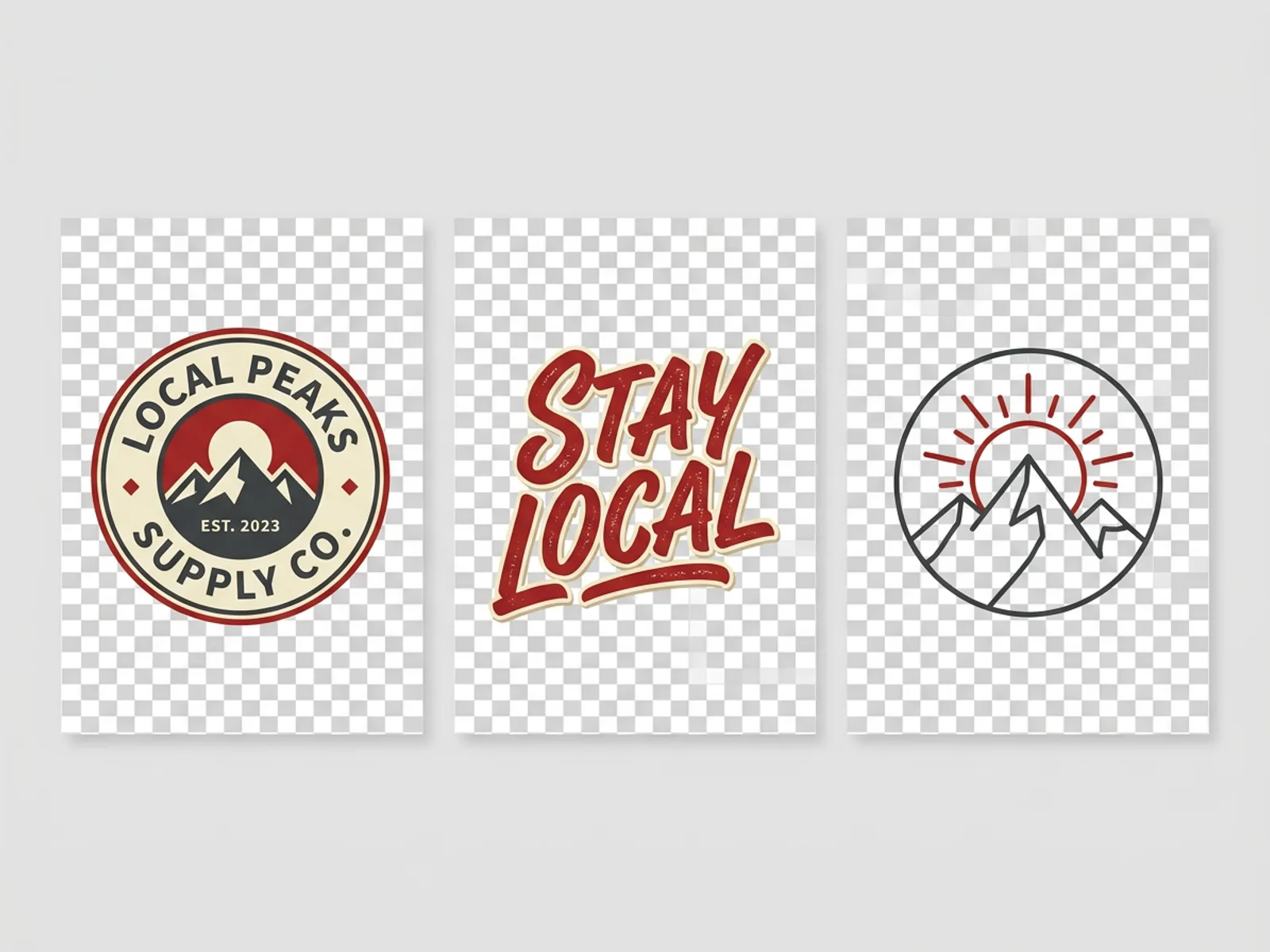 Three AI-generated merch graphics for a streetwear drop shown on transparent backgrounds: a retro badge logo, a hand-lettered slogan and a line-art illustration.