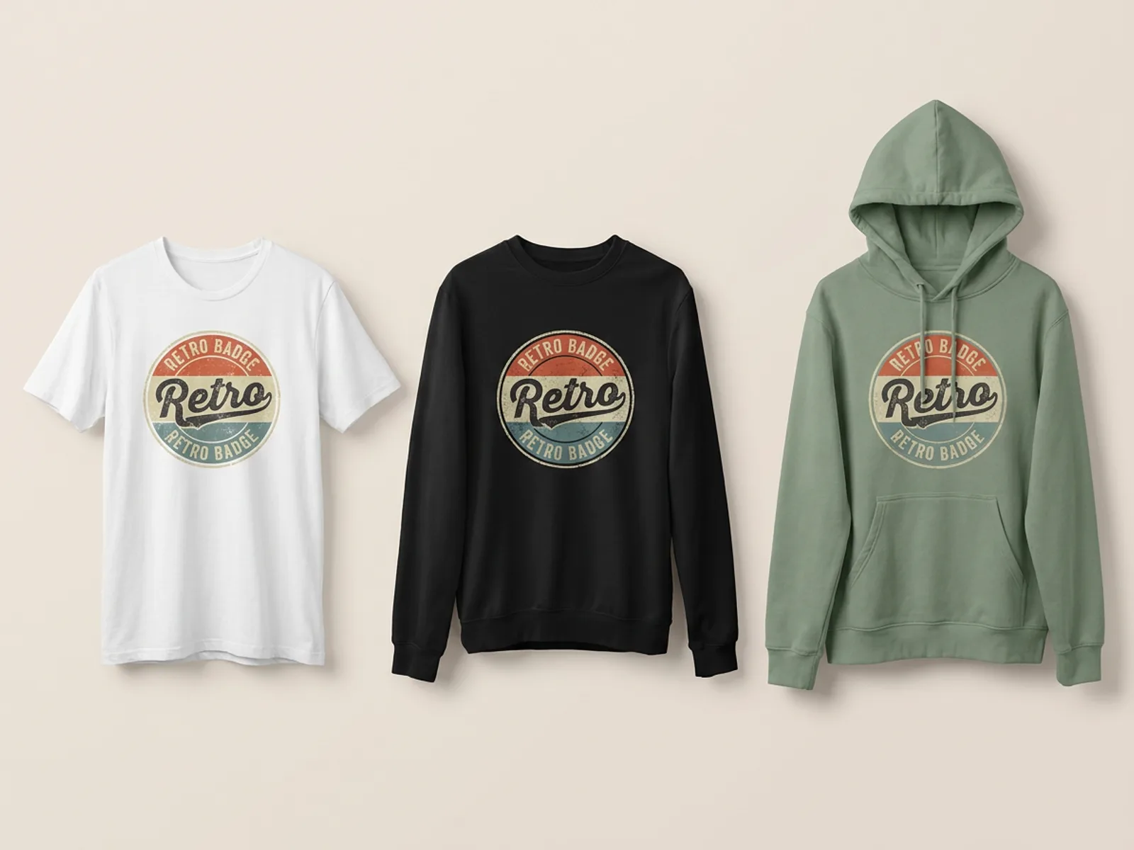 One merch design placed on a white t-shirt, a black crewneck sweatshirt and a sage hoodie, each mockup showing natural fabric folds.