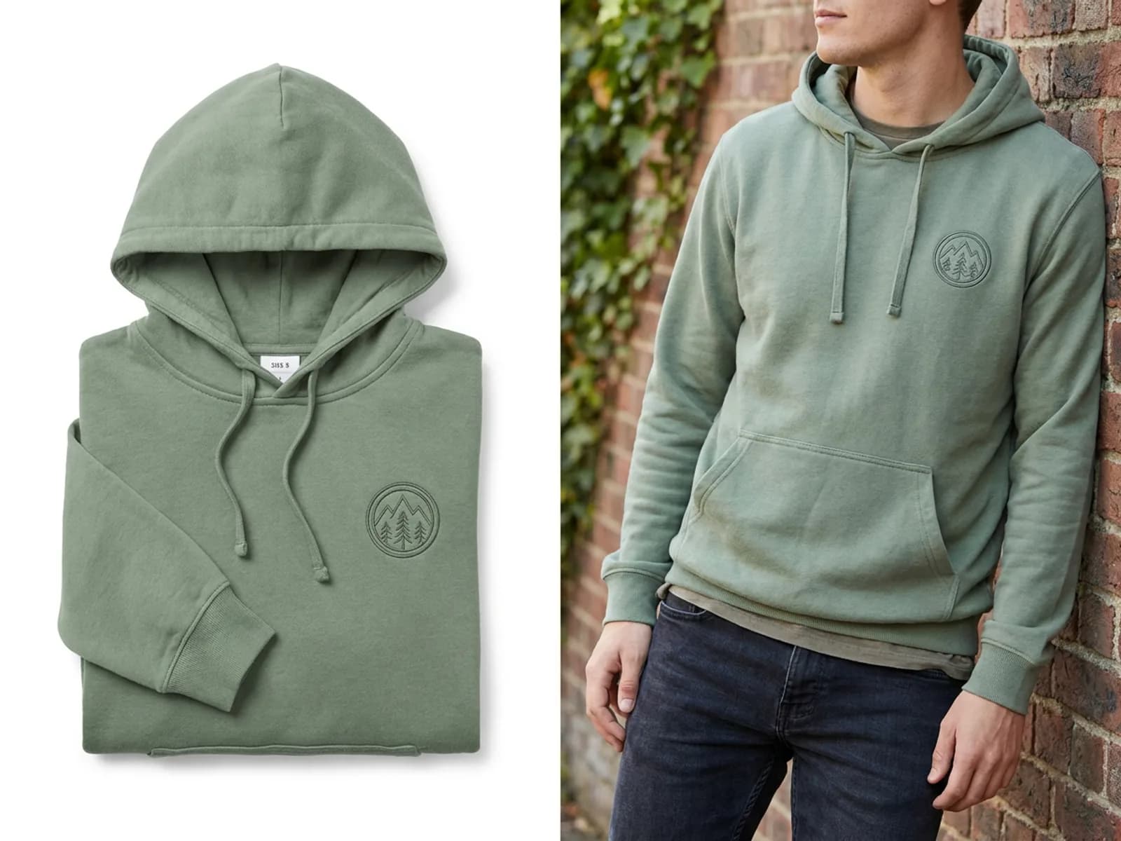 A finished hoodie shown twice for a store listing: on a pure white background and worn by an AI-generated model in a relaxed street pose.