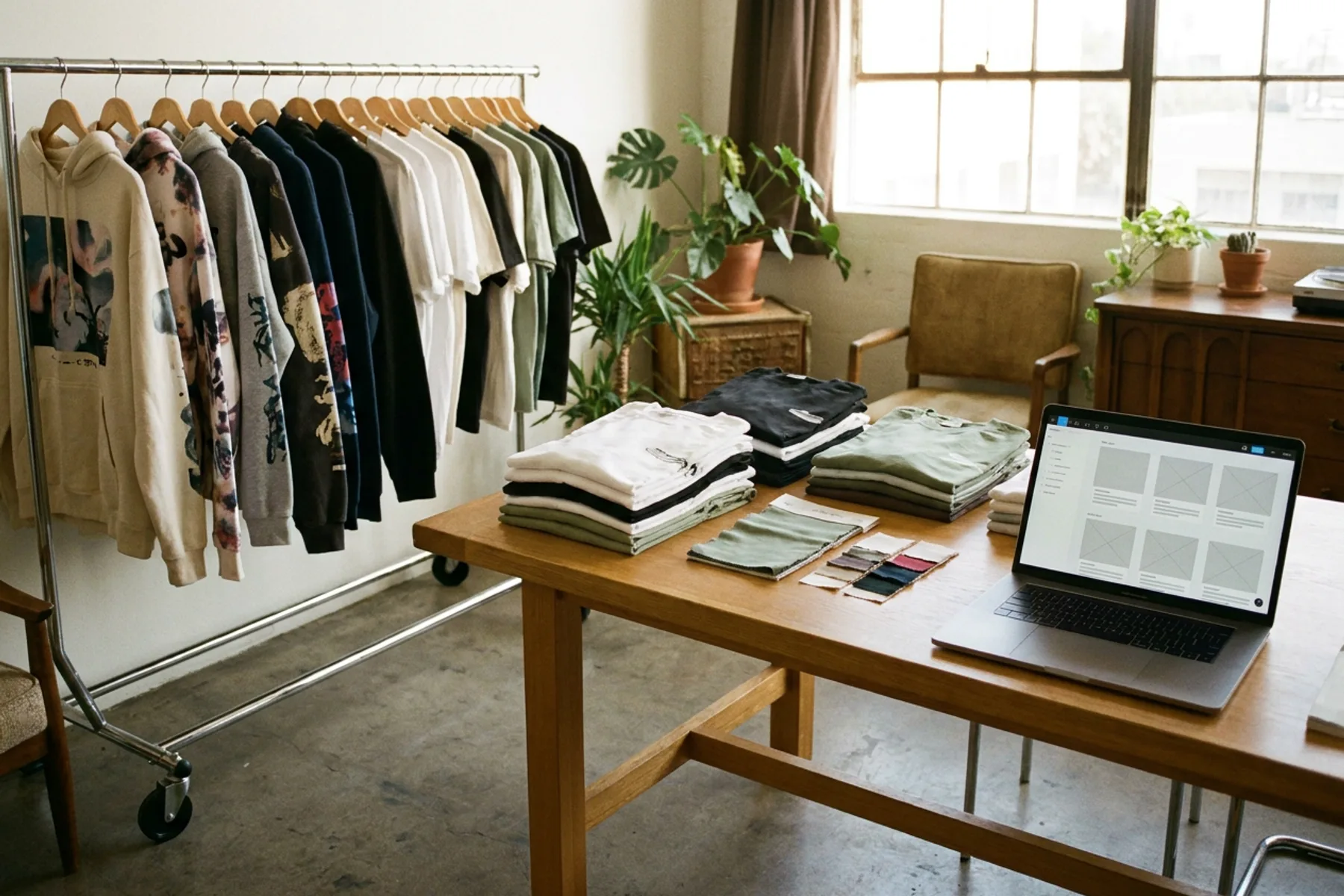 A small clothing brand's merch drop laid out on a studio table: printed t-shirts and hoodies in three colorways beside a laptop showing the matching mockups.