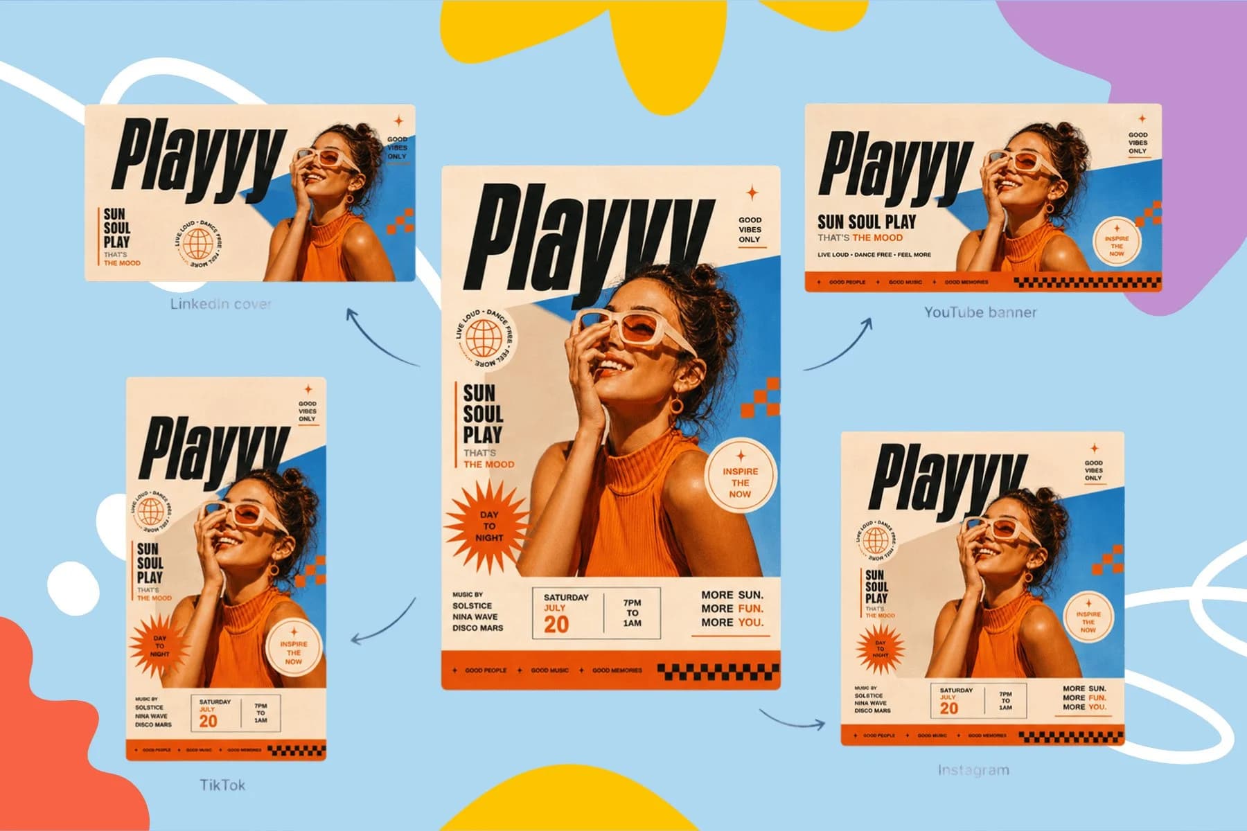 Event poster and digital invitation created with AI image generation — scene-specific visual with event details composed on top.