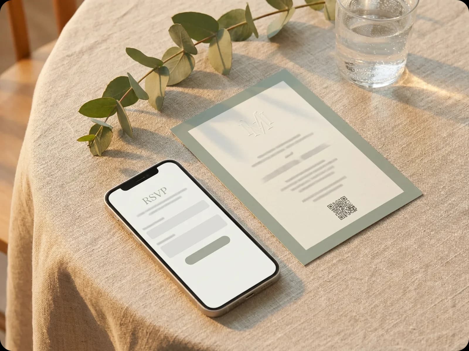 A printed event invitation with a small QR code on a linen tablecloth next to a phone showing a matching RSVP page with name fields and an RSVP button.