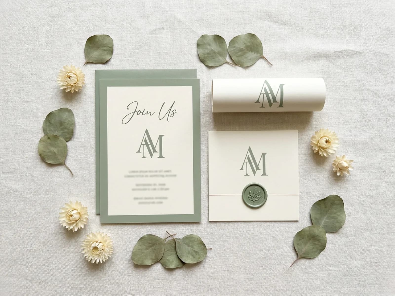 Matching event stationery on a table: a printed invitation, a save-the-date card and a small poster in sage and cream with the same monogram.