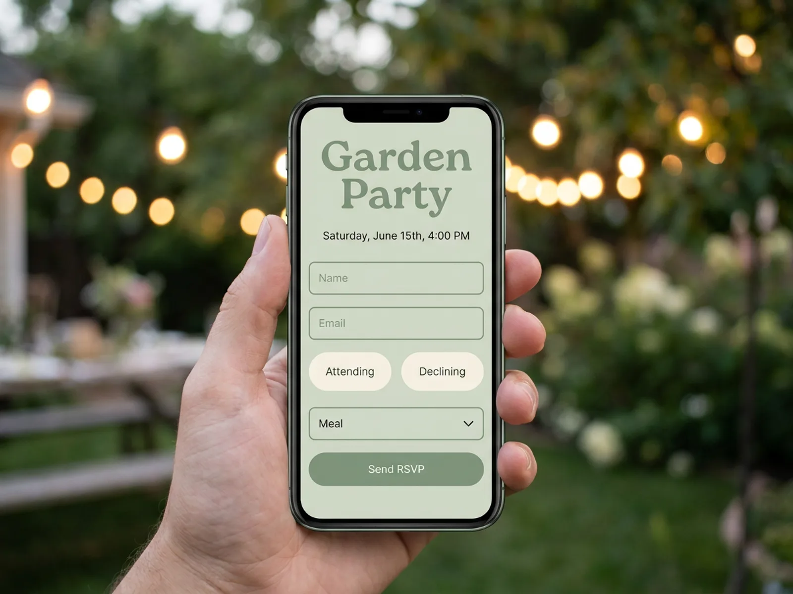A phone showing an RSVP page with the event name, date, name and email fields, Attending and Declining choices, a meal dropdown and a Send RSVP button.