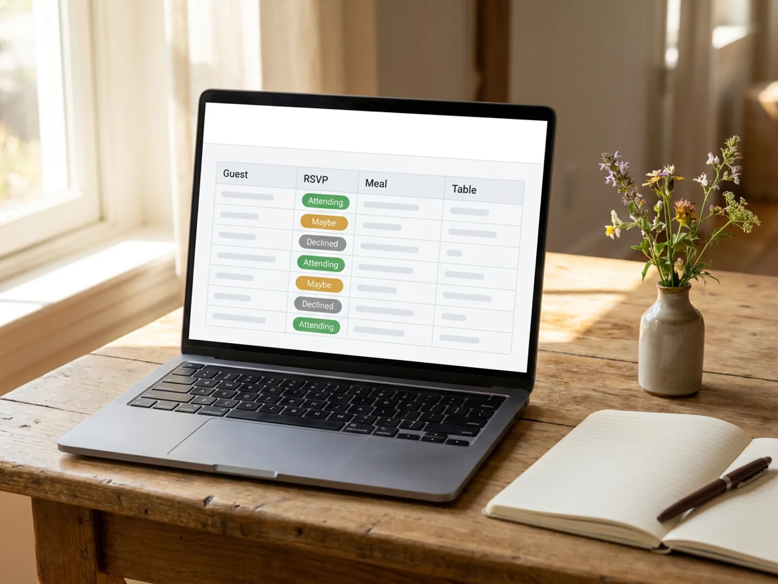 A laptop showing a guest list spreadsheet with an RSVP status column of colored labels, a meal column and a table number column.