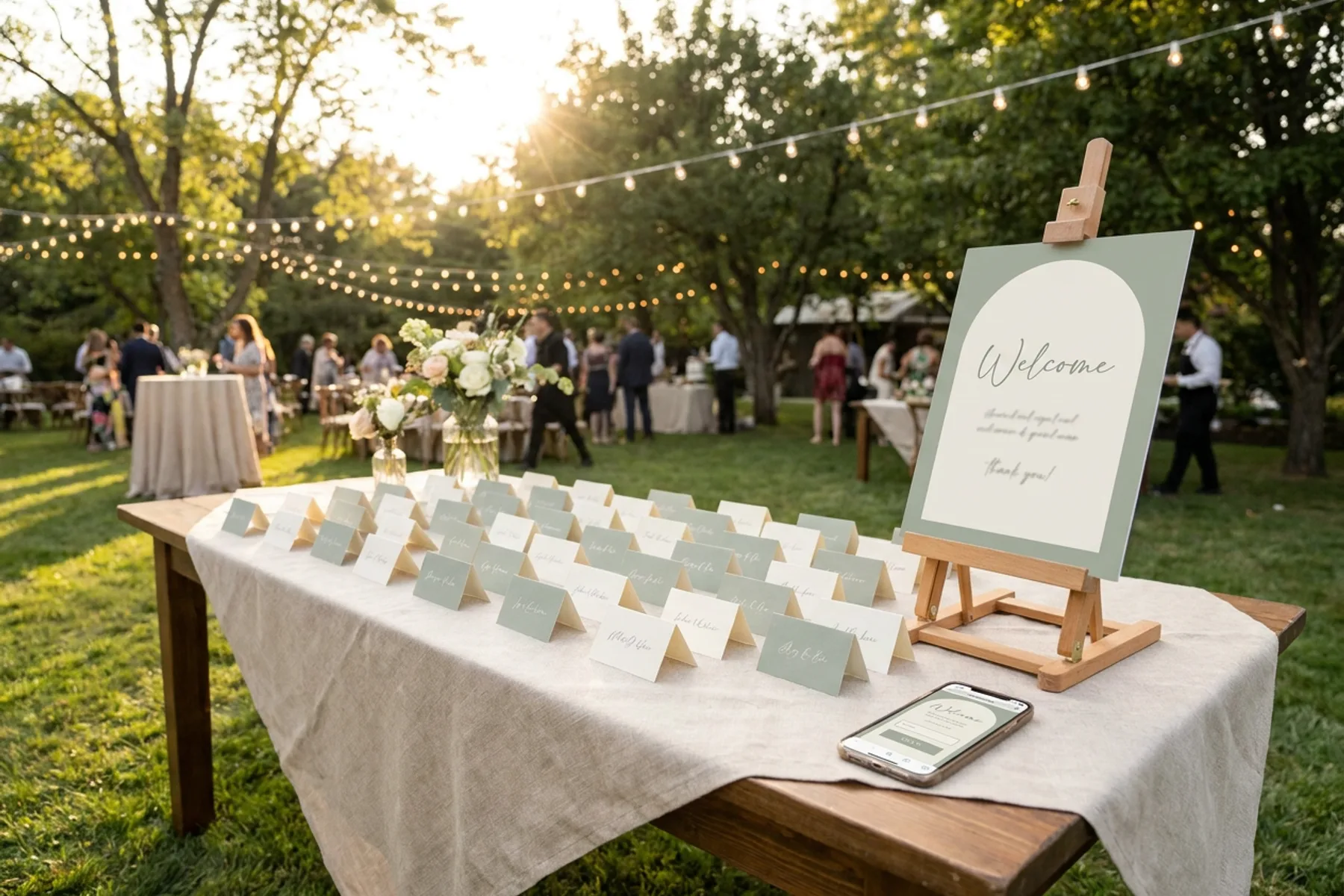 A printed event invitation with a small QR code on a linen tablecloth next to a phone showing a matching RSVP page with name fields and an RSVP button.