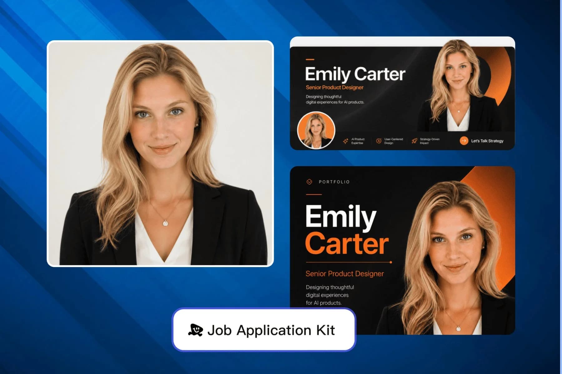 Professional headshot, LinkedIn banner, and portfolio cover created with AI for a job application — no photographer required.