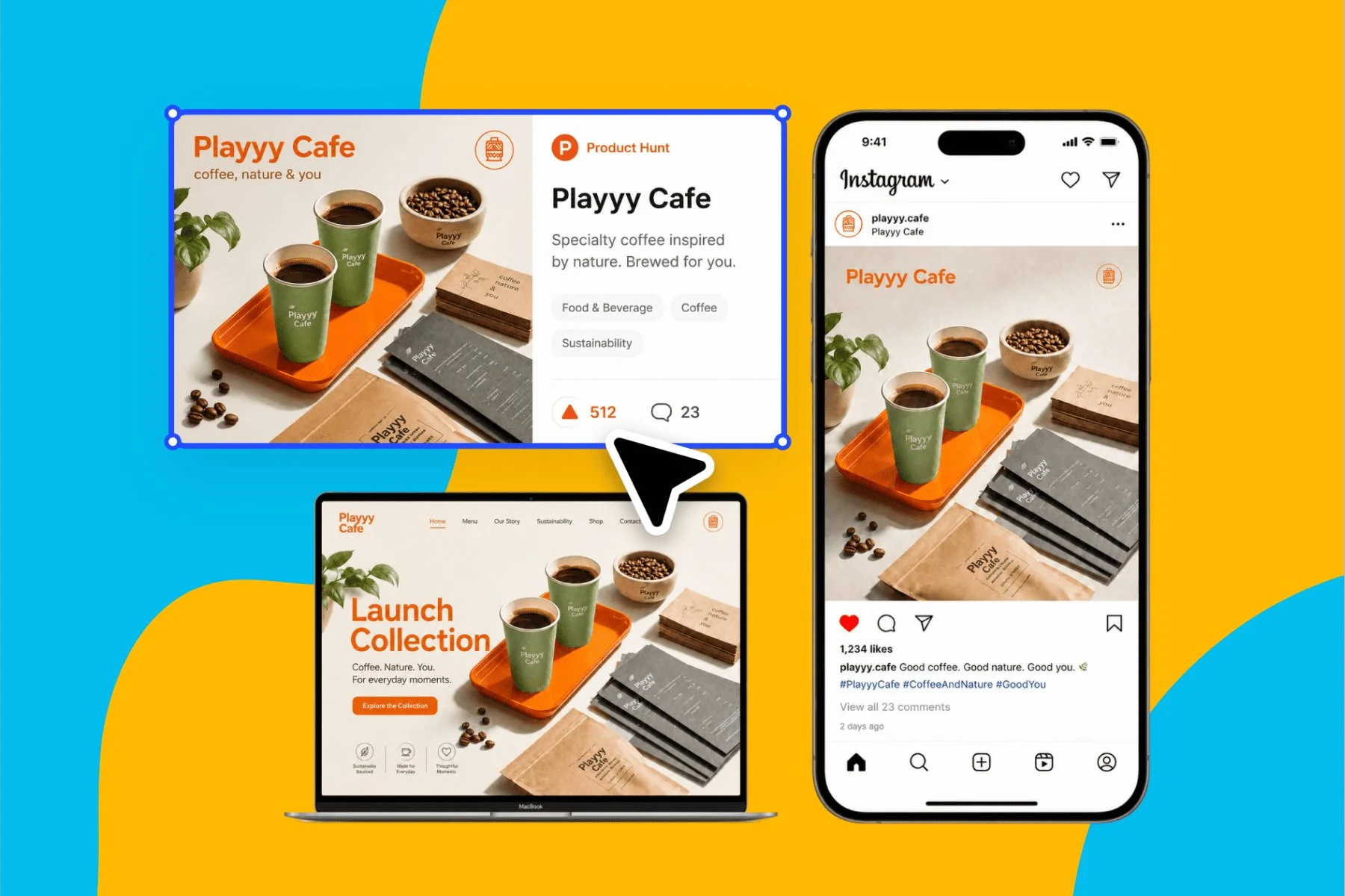 Launch visual kit showing landing page hero, social post, and email header in a unified brand identity — no designer required.