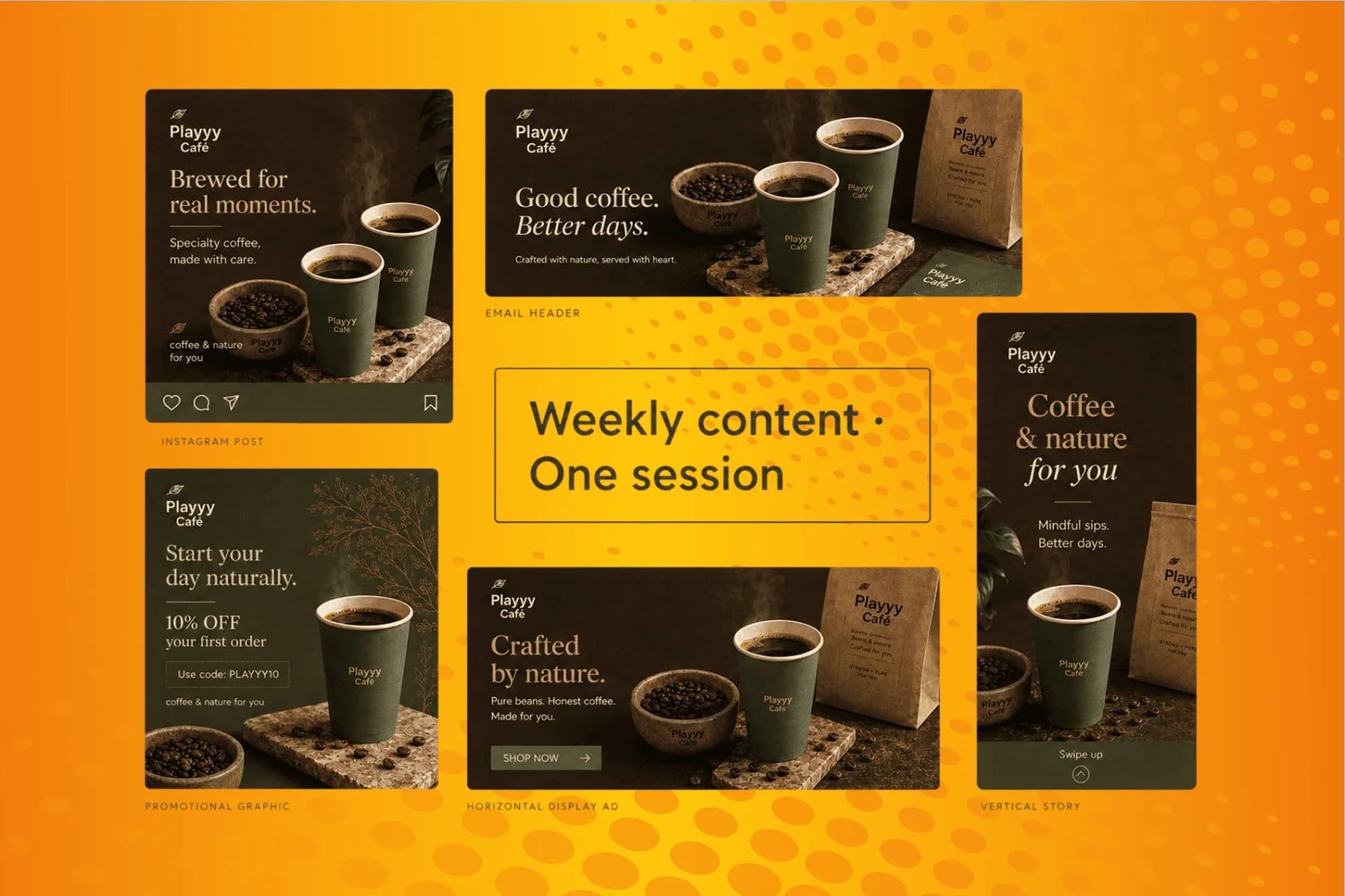 Marketing creatives laid out across social, email, and display formats — generated from a plain-language description with an AI image generator.