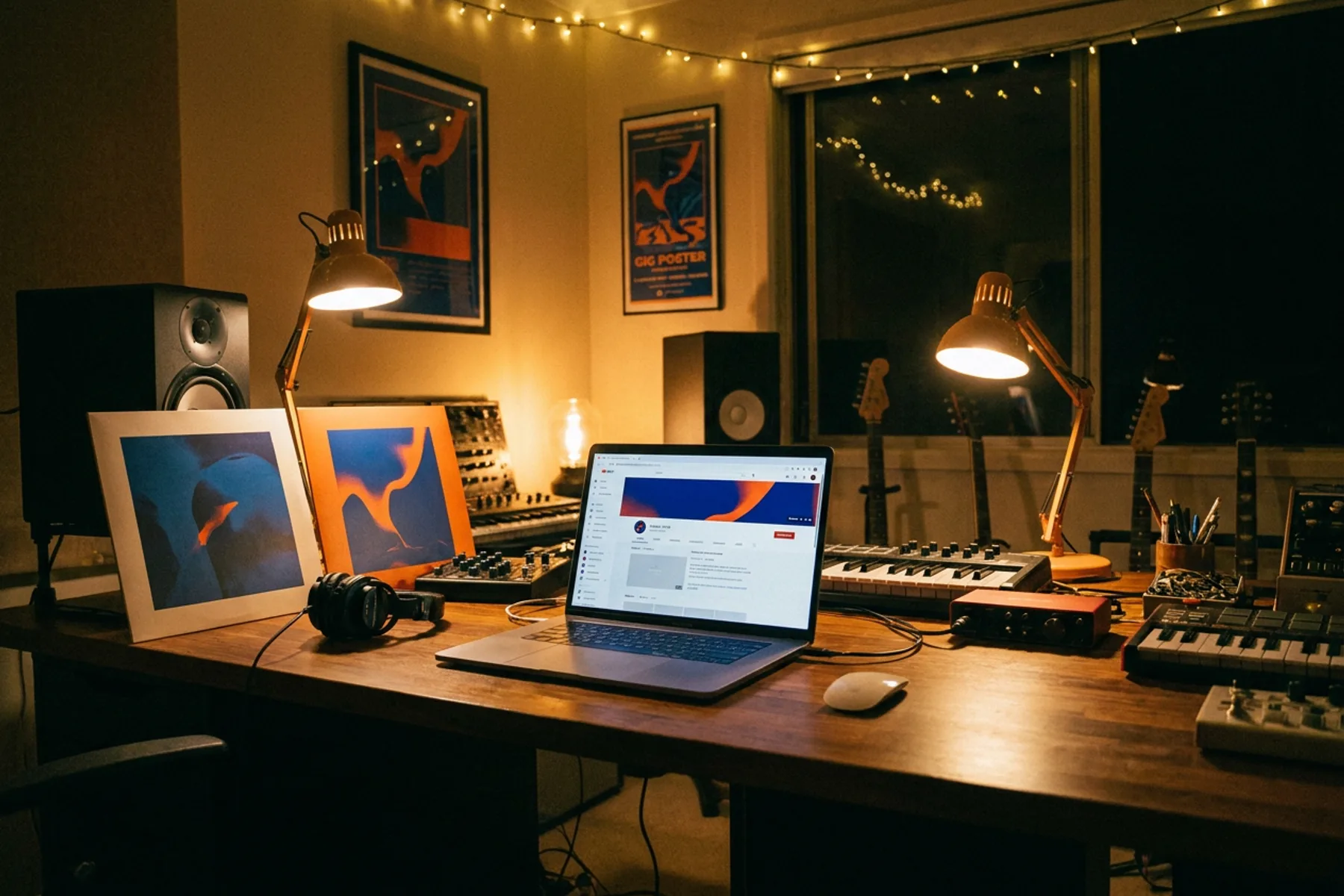 An independent artist's release visuals spread across a studio desk: square album artwork, a printed gig poster and a laptop showing a matching YouTube channel banner.