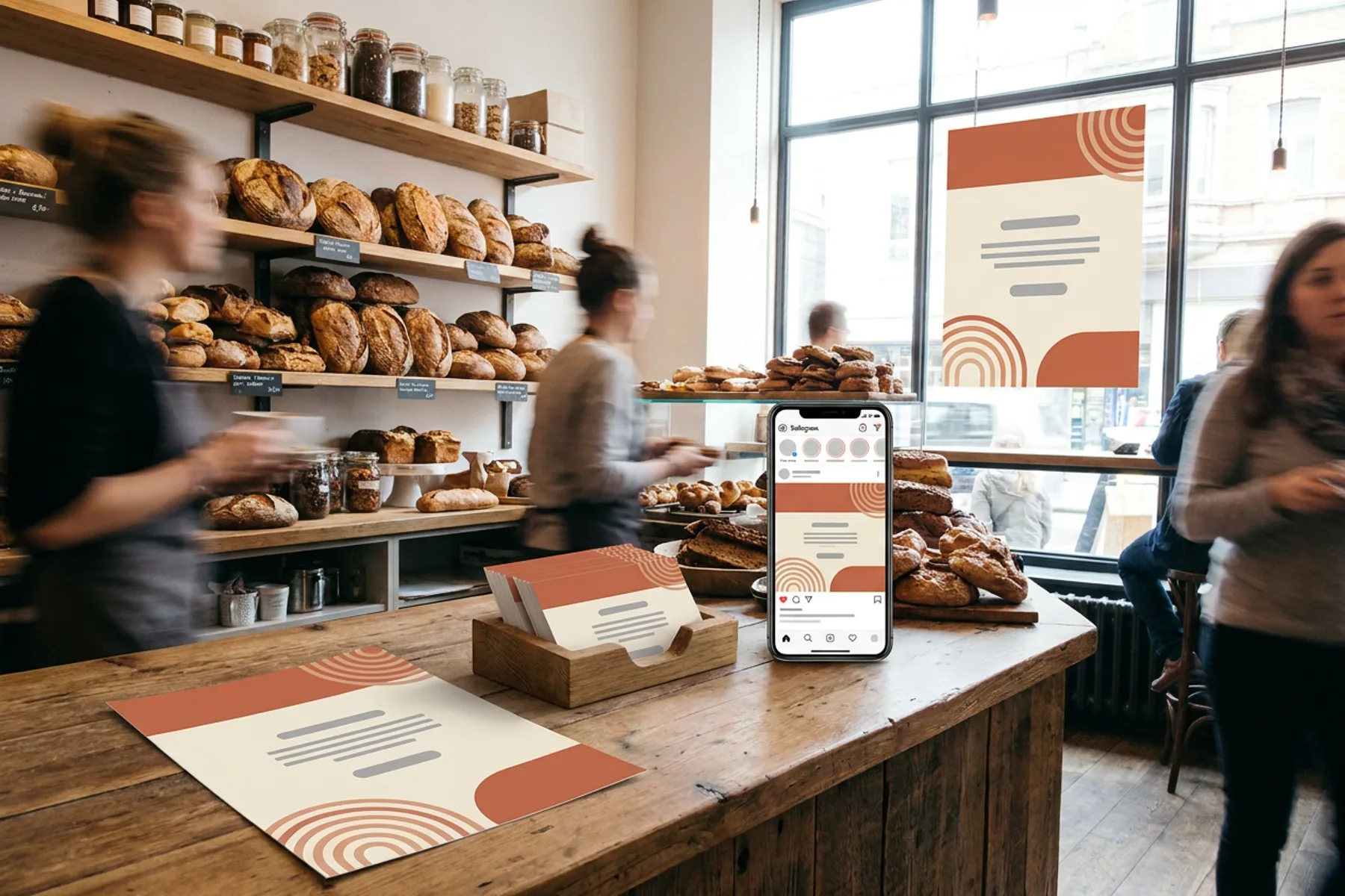 A neighborhood cafe counter with matching marketing materials: a printed flyer, a stack of business cards, a window poster and a phone showing an Instagram post in the same colors.