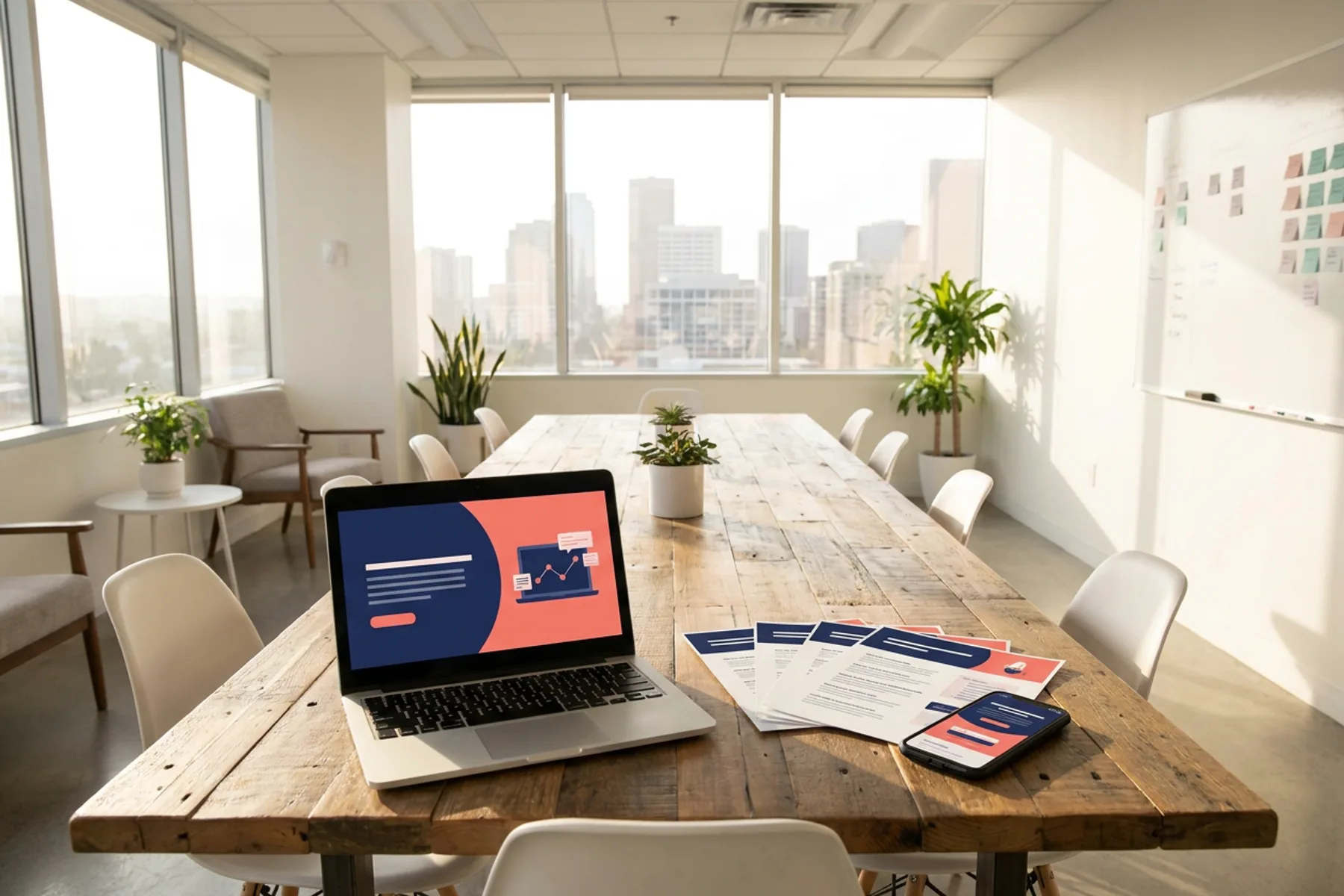 A founder's fundraising kit on a desk: a laptop showing a pitch deck title slide, a phone with the matching landing page and printed one page summaries, all in navy and coral.